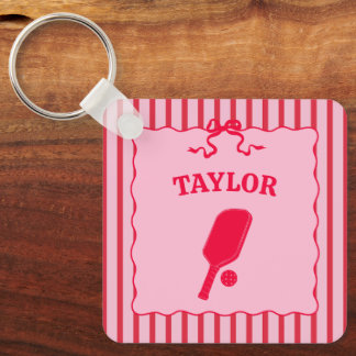 Rode en roze gestreepte Pickleball Gepersonaliseer Sleutelhanger
