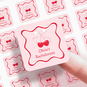 Rode en Roze Golvende Strik Kers Op Favoriet Vierkante Sticker