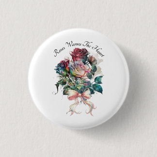 Rode en roze rozen met een strik  ronde button 3,2 cm