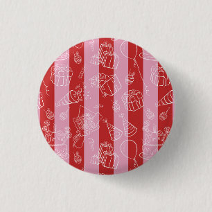 Rode en roze strepen met feestelijke tekeningen er ronde button 3,2 cm