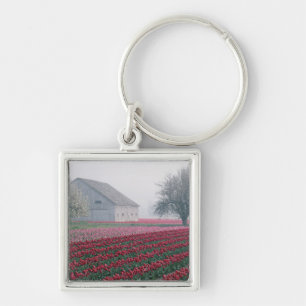 Rode en roze tulpen begroeten de dag in een neveli sleutelhanger