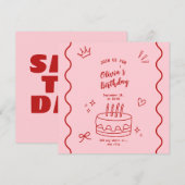 Rode en roze verjaardag save the date (Voorkant / Achterkant)