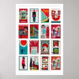 Rode en Teal luciferdoosje labelcollage, koele con Poster