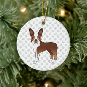 Rode En Witte Boston Terrier Cartoon Hond & Pootaf Keramisch Ornament