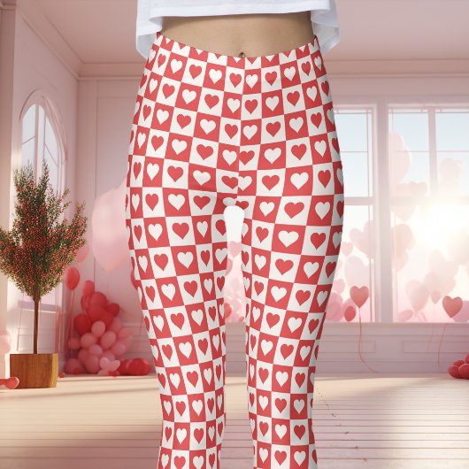 Rode en witte Checkerboard Heart Valentijnsdag Leggings