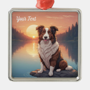Rode en Witte Collie bij het Meer Metalen Ornament