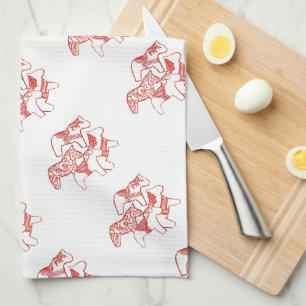 Rode en witte Dala Horses Keukenhanddoeken