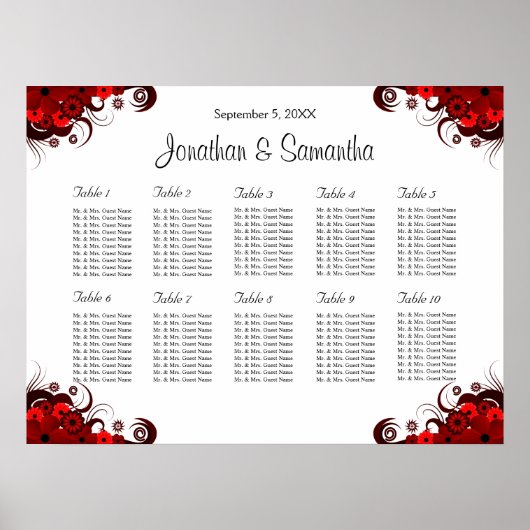 Rode en witte Floral 10 Wedding Table Seating Char Poster (Voorkant)