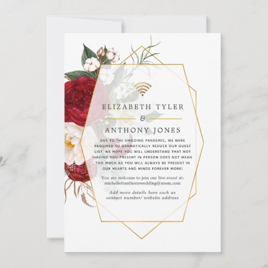 Rode en Witte Geometrische Virtuele Trouwgastenlij Aankondiging (Voorkant)