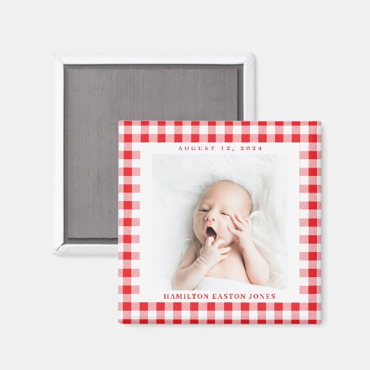 Rode en witte gingham check Baby geboortedatum mag Magneet (Voorkant / Achterkant)