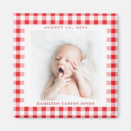 Rode en witte gingham check Baby geboortedatum mag Magneet (Voorkant)