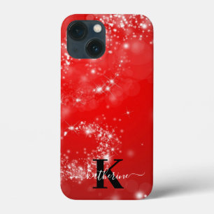 Rode en witte glitters meisjesnaam monogram iPhone 13 mini hoesje
