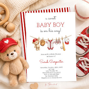 Rode en Witte Honkbal Baby Shower Jongen Uitnodigi Kaart
