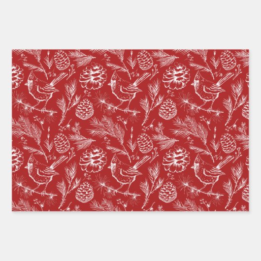 Rode en witte kardinaal, Pinecones & Winterbessen Inpakpapier Vel (Voorkant)