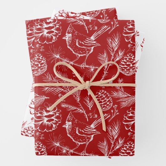 Rode en witte kardinaal, Pinecones & Winterbessen Inpakpapier Vel (In situ)