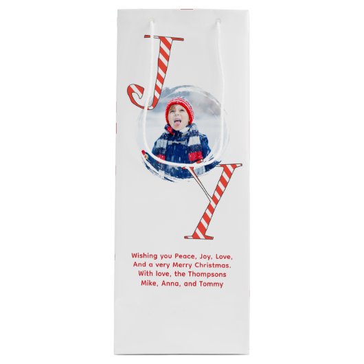 Rode en witte kerstvreugde gepersonaliseerd wijn cadeautas (Voorkant)