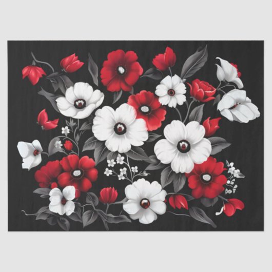 Rode en witte papavers op zwarte decoupage tissuepapier (Voorkant)