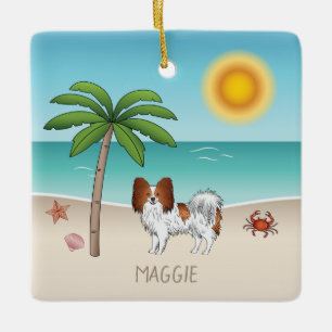 Rode En Witte Papillon Hond Tropische Zomerstrand Keramisch Ornament