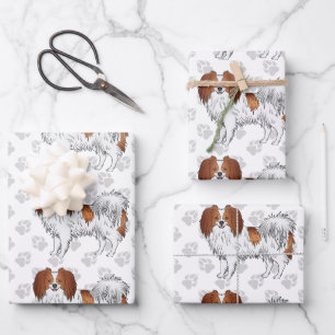 Rode En Witte Phalène Honden Met Grijs Pootpatroon Inpakpapier Vel