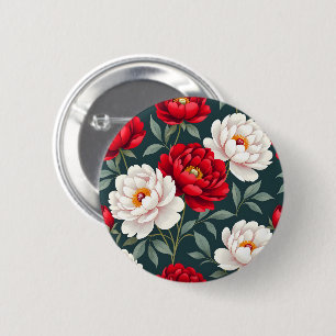 Rode en witte pioenbloemen ronde button 5,7 cm