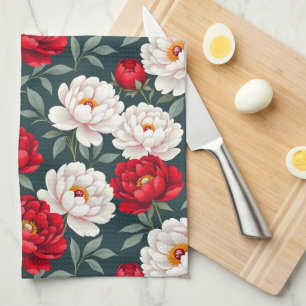 Rode en witte pioenbloemen theedoek