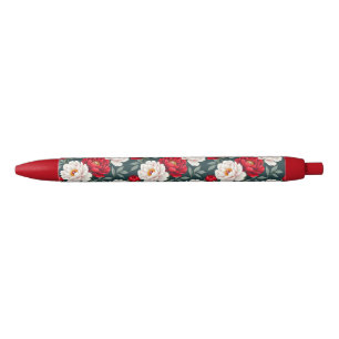 Rode en witte pioenbloemen zwarte inkt pen