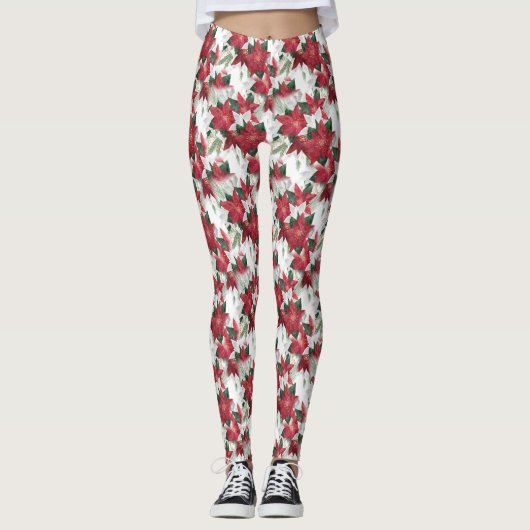 Rode en witte poinsettias leggings (Voorkant)