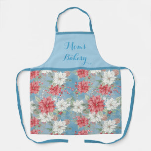 Rode en Witte Poinsettias op Sky Blue-Personalized Schort