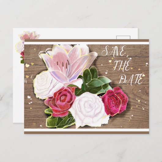 Rode en witte Rozen Shabby-Chic Aankondigingskaart (Voorkant / Achterkant)