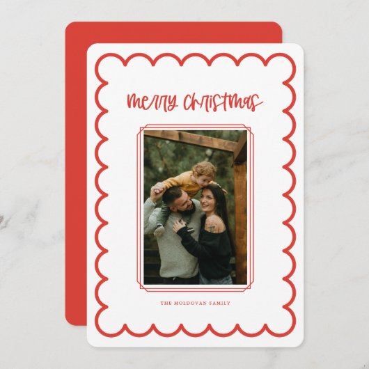 Rode en witte Scallop Lijst Christmas Kaart (Voorkant / Achterkant)