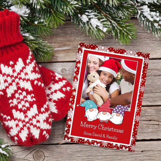 Rode en witte sneeuwvlokken en kabouters fotokaart feestdagenkaart