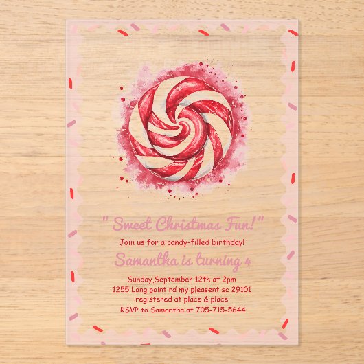 Rode en witte Snoep winterverjaardag Acryl Uitnodigingen (Voorkant)