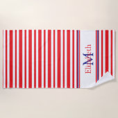 Rode en witte streep met marineblauw monogram strandlaken (Voorkant)
