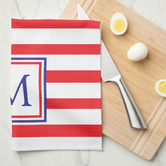 Rode en witte streep met marineblauw monogram theedoek (Quarter Fold)