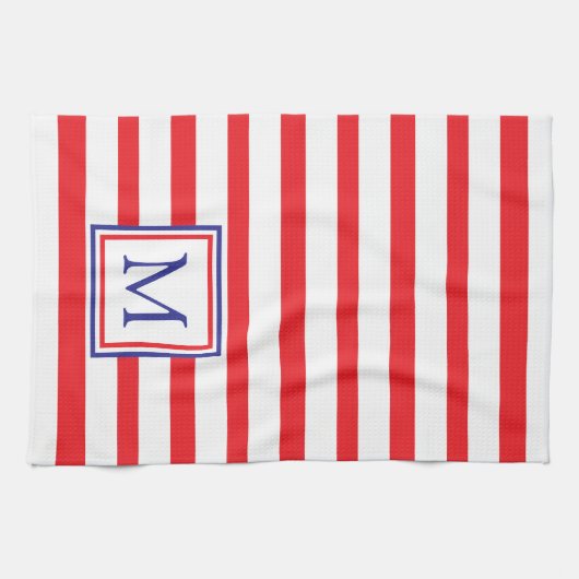 Rode en witte streep met marineblauw monogram theedoek (Horizontaal)