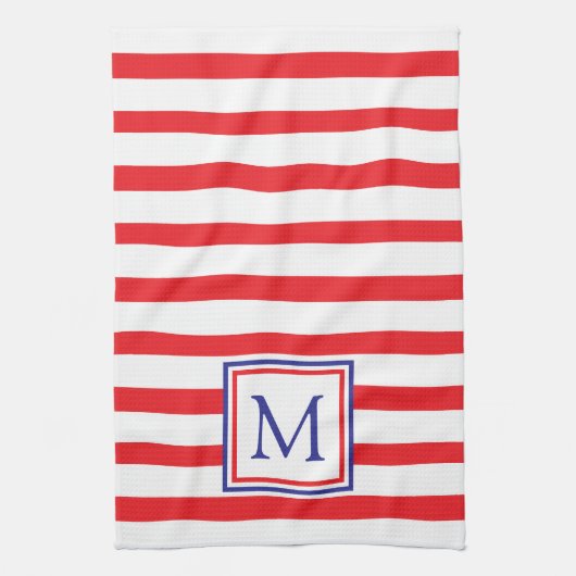 Rode en witte streep met marineblauw monogram theedoek (Verticaal)