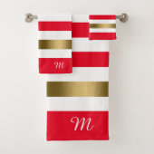 Rode en Witte Strepen Gouden Accenten, Monogram Bad Handdoek (Insitu)