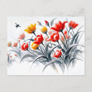 Rode en witte tulpen Aziatische inkt schilderij Feestdagenkaart