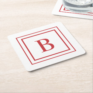 Rode en witte vierkante rand monogram kartonnen onderzetter