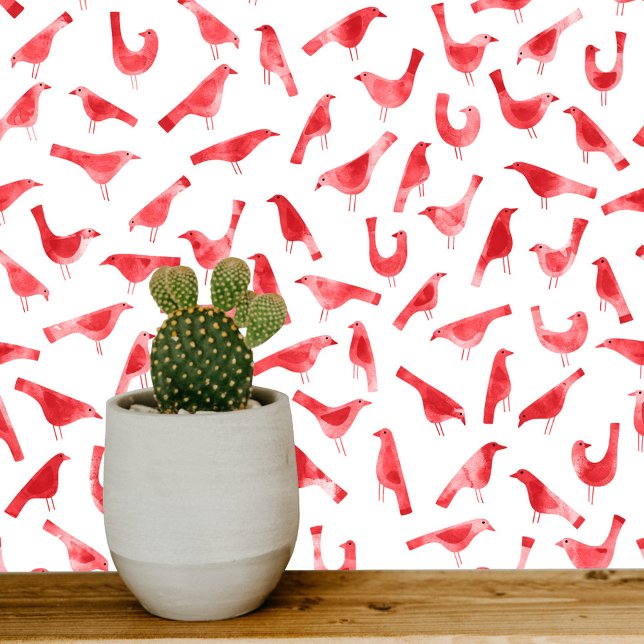 Rode en witte vogels Waterverf kunst Behang (Red and white watercolor bird art wallpaper)
