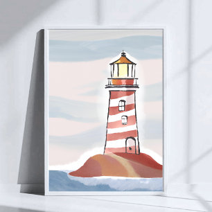 Rode en Witte Vuurtoren Strand Oceaan Aquarel Poster