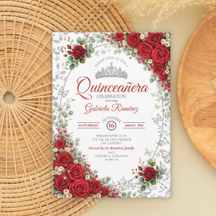 Rode en Zilveren Quinceañera Rode Rozen Kaart