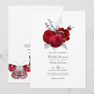 Rode en Zilveren Vintage Roos QR Code RSVP Huwelij Kaart