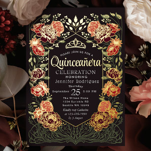 Rode en zwarte betoverde tuin Floral Quinceanera Folie Uitnodiging