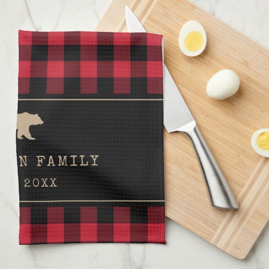 Rode en zwarte Buffalo Plaid aangepaste familienaa Theedoek (Quarter Fold)