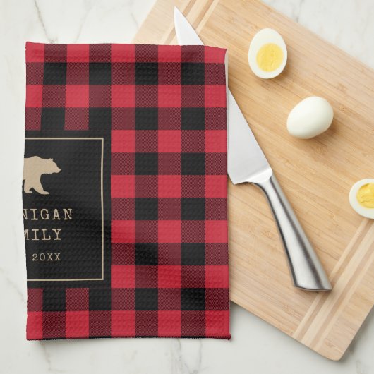 Rode en zwarte Buffalo Plaid aangepaste familienaa Theedoek (Quarter Fold)