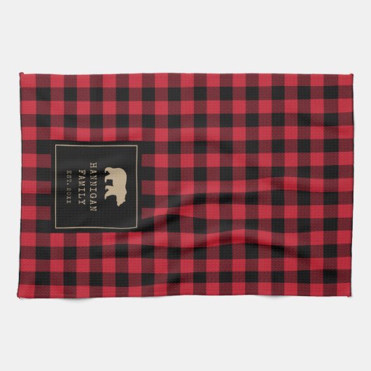 Rode en zwarte Buffalo Plaid aangepaste familienaa Theedoek (Horizontaal)