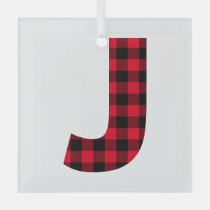 Rode en Zwarte Buffalo Plaid Kletterige Letter J M Glas Ornament