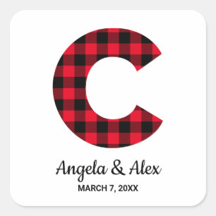 Rode en Zwarte Buffalo Plaid Monogram C Vierkante Sticker