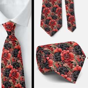 Rode en zwarte Gothic Waterverf Bloemen Stropdas